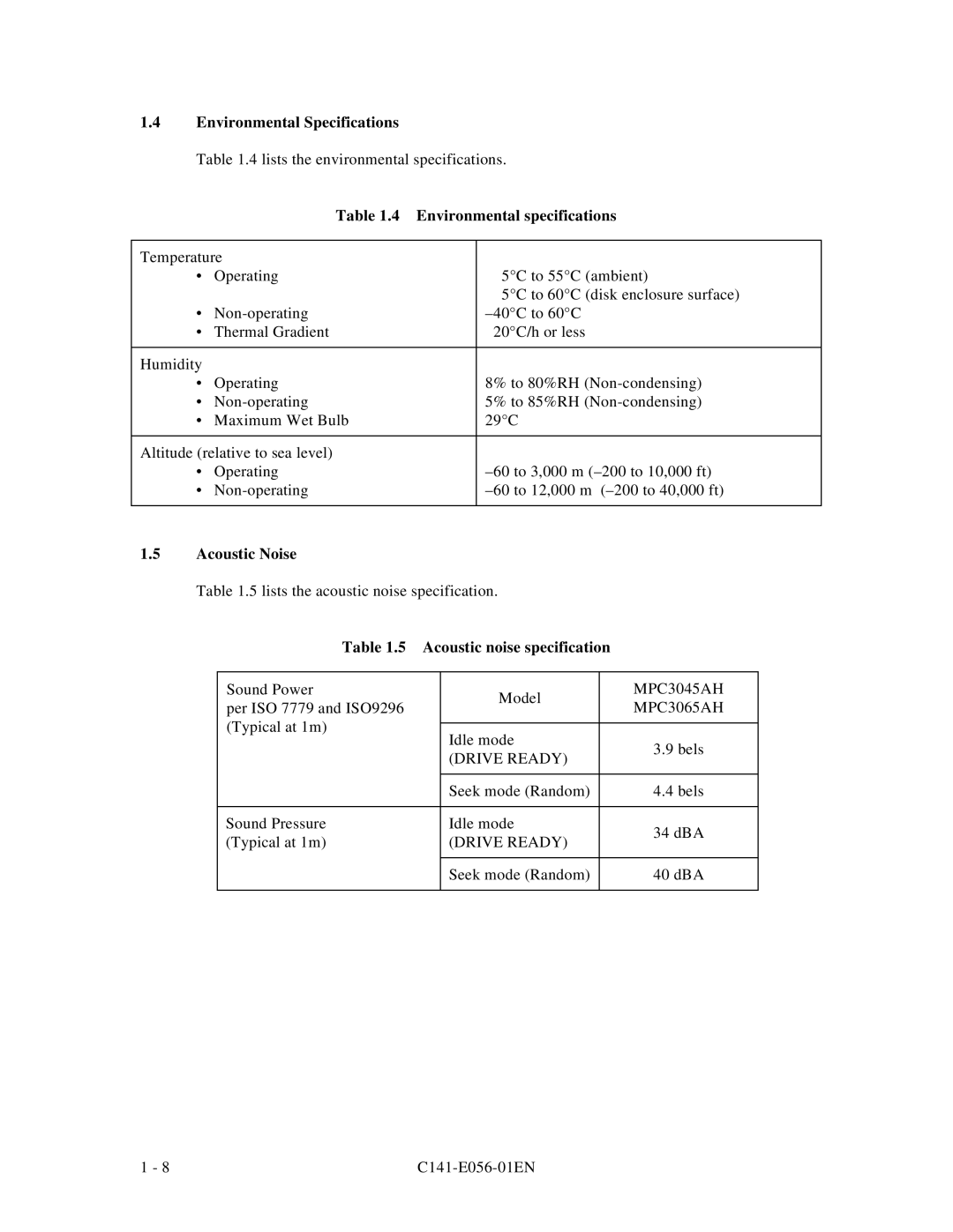 Fujitsu MPC3045AH, MPC3065AH manual Acoustic noise specification, Drive Ready 