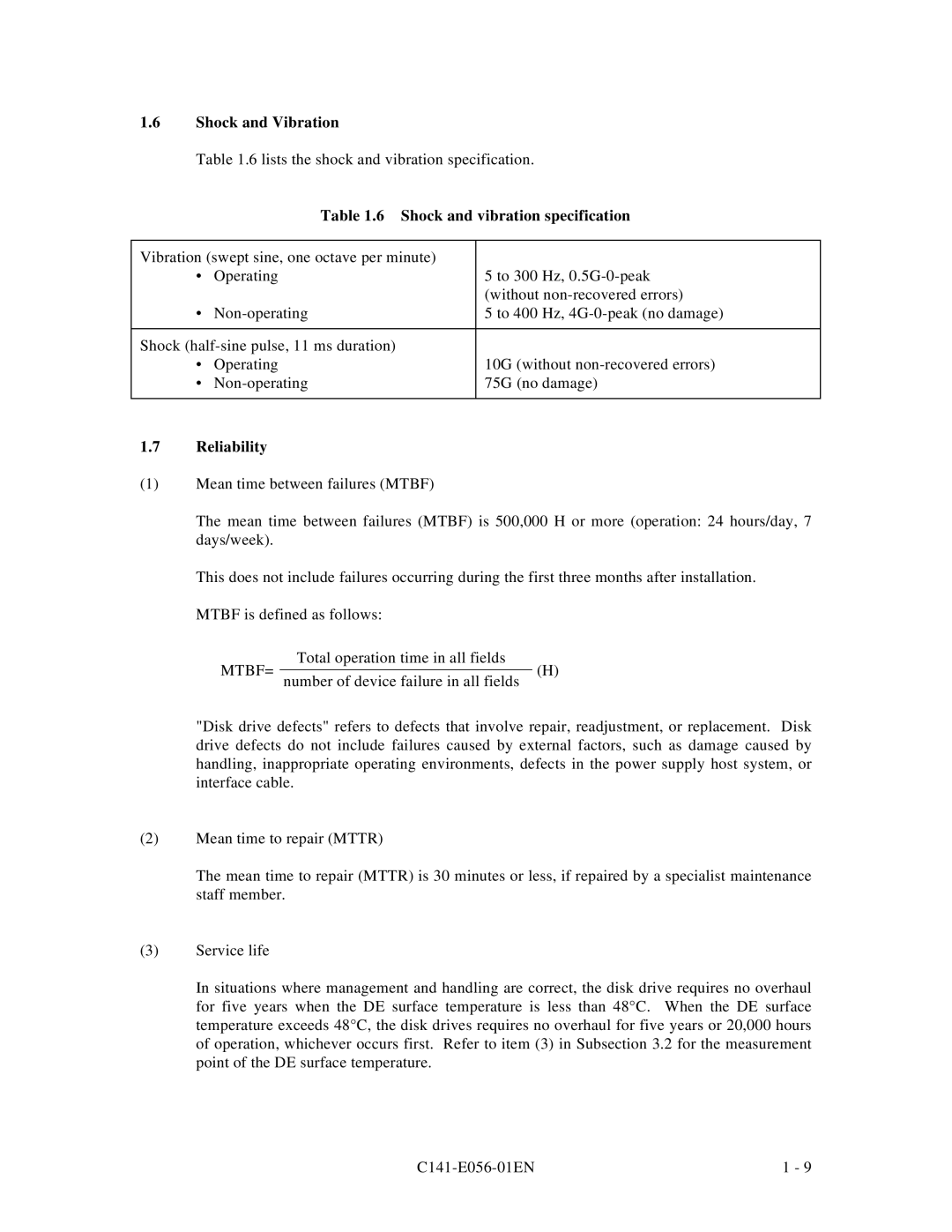 Fujitsu MPC3065AH, MPC3045AH manual Shock and Vibration, Shock and vibration specification 