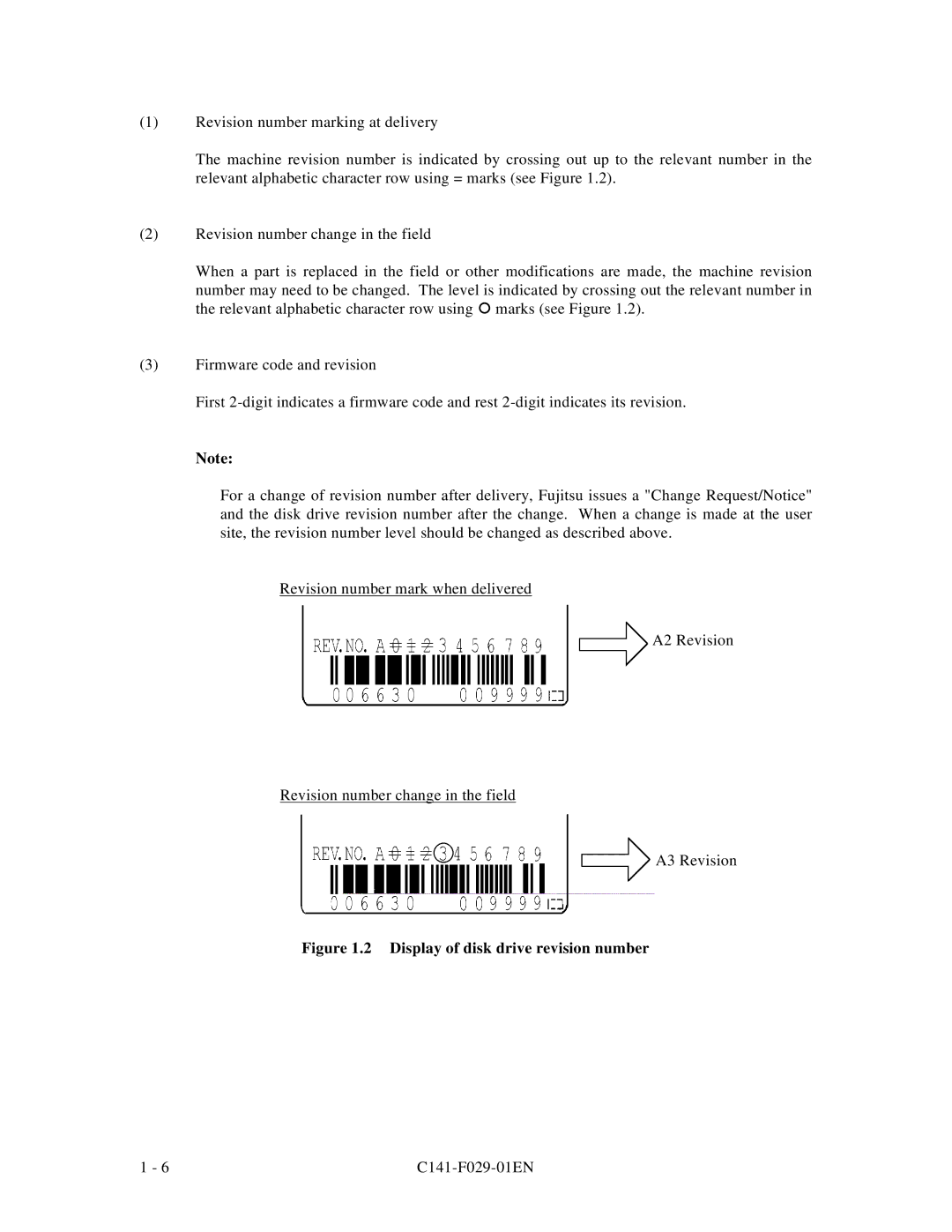 Fujitsu MPC3102AT, MPC3096AT, MPC3084AT, MPC3043AT, MPC3032AT, MPC3064AT manual Display of disk drive revision number 