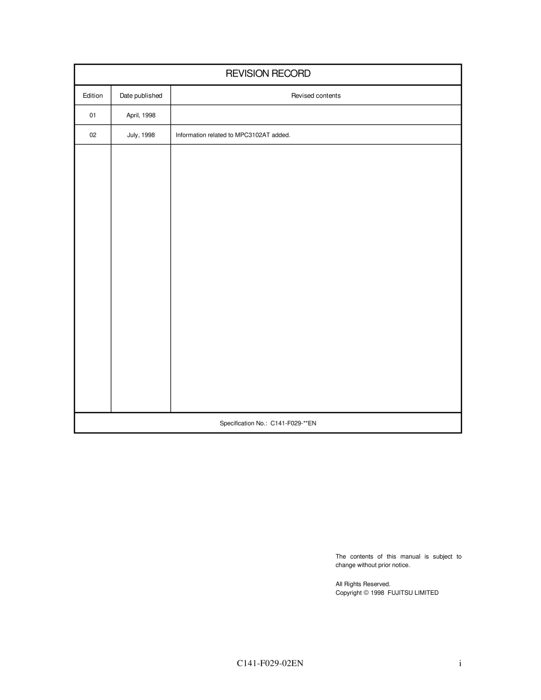 Fujitsu MPC3084AT, MPC3096AT, MPC3102AT, MPC3043AT, MPC3032AT, MPC3064AT manual Revision Record 