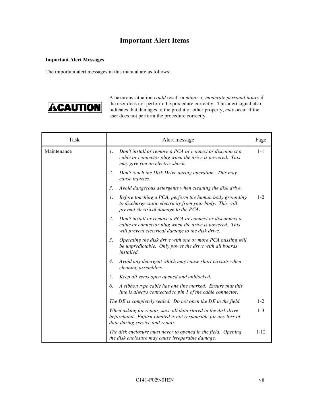 Fujitsu MPC3084AT, MPC3096AT, MPC3102AT, MPC3043AT, MPC3032AT, MPC3064AT manual Important Alert Items, Important Alert Messages 