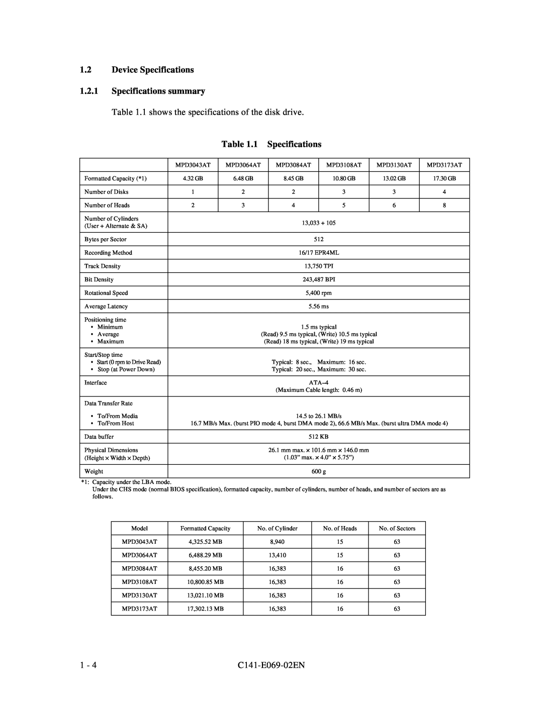 Fujitsu MPD3XXXAT manual Device Specifications 1.2.1 Specifications summary, 1 shows the specifications of the disk drive 