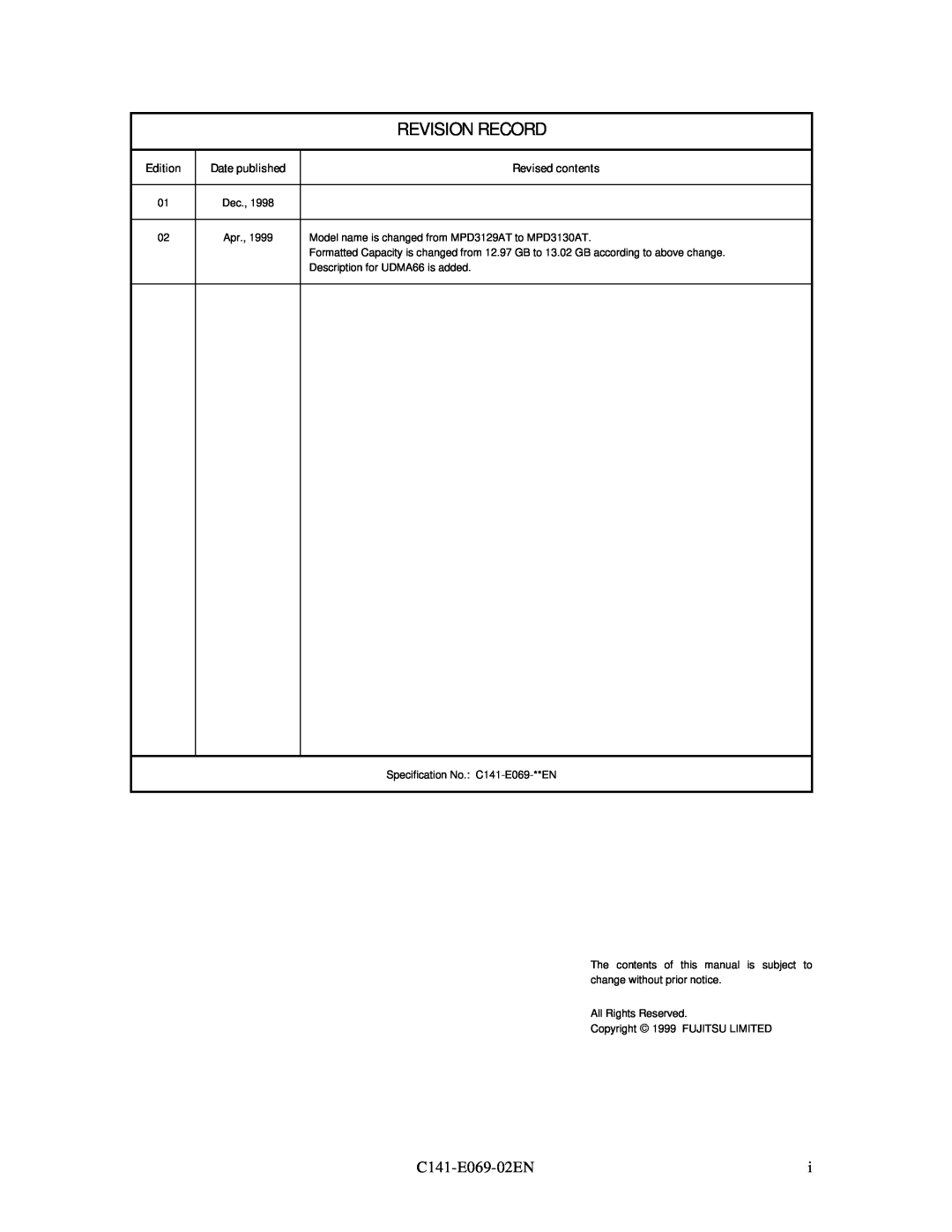 Fujitsu MPD3XXXAT Revision Record, Revised contents, The contents of this manual is subject to, Edition, Date published 