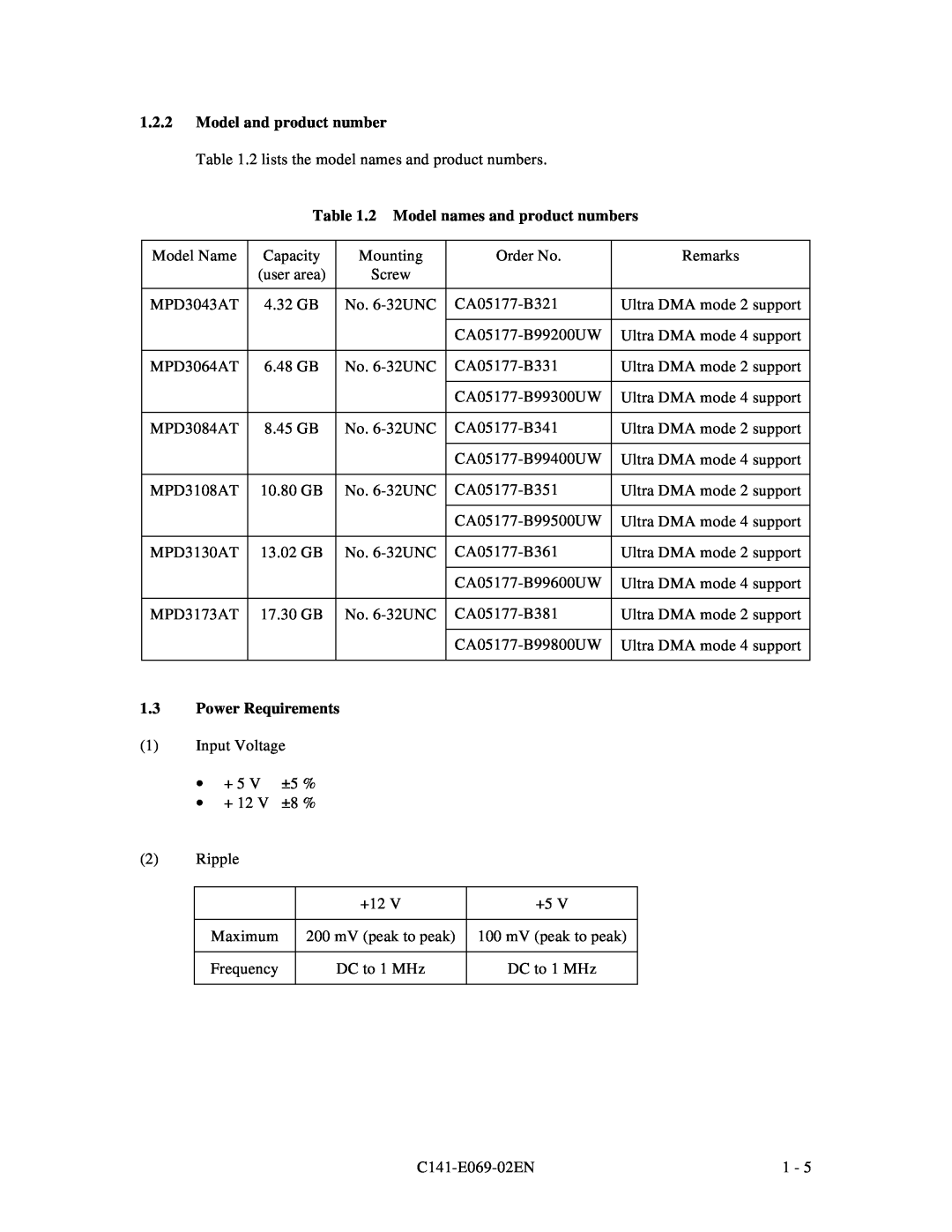 Fujitsu MPD3XXXAT manual Model and product number, 2 Model names and product numbers, Power Requirements 