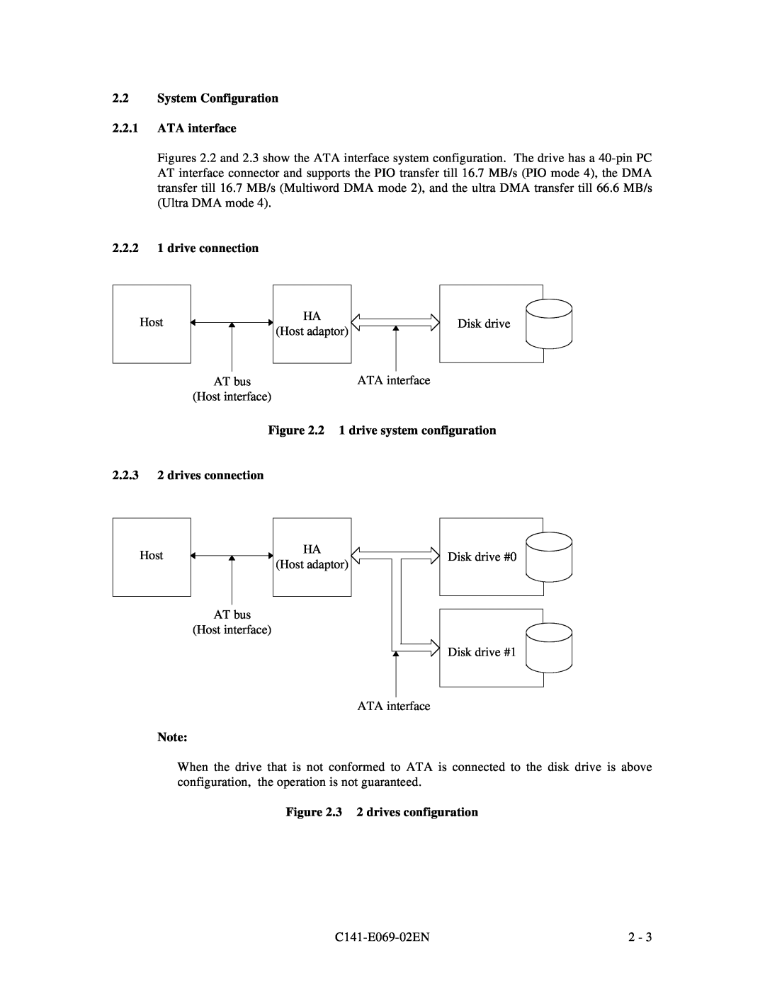 Fujitsu MPD3XXXAT manual System Configuration 2.2.1 ATA interface, 2.2.2 1 drive connection, 3 2 drives configuration 