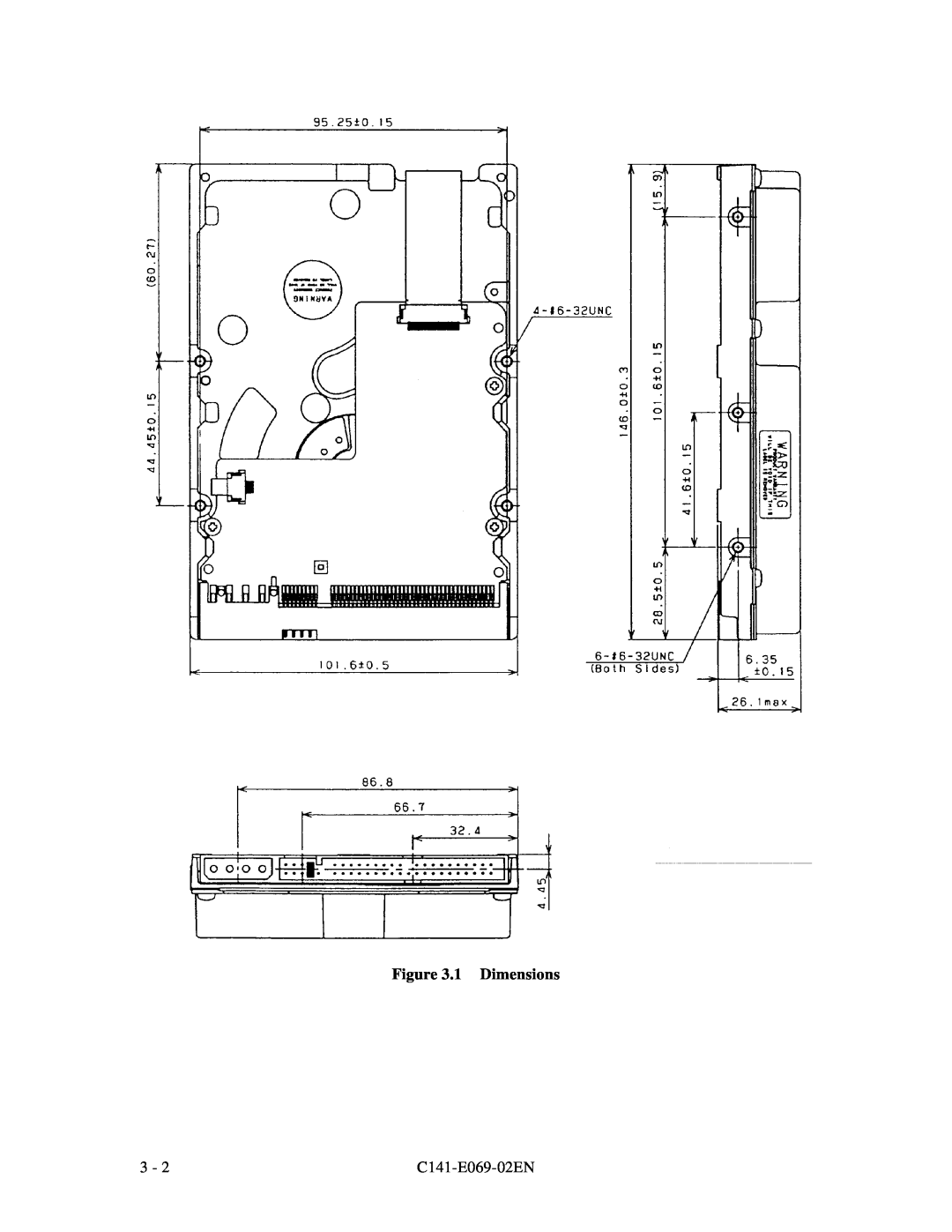 Fujitsu MPD3XXXAT manual 1 Dimensions, C141-E069-02EN 