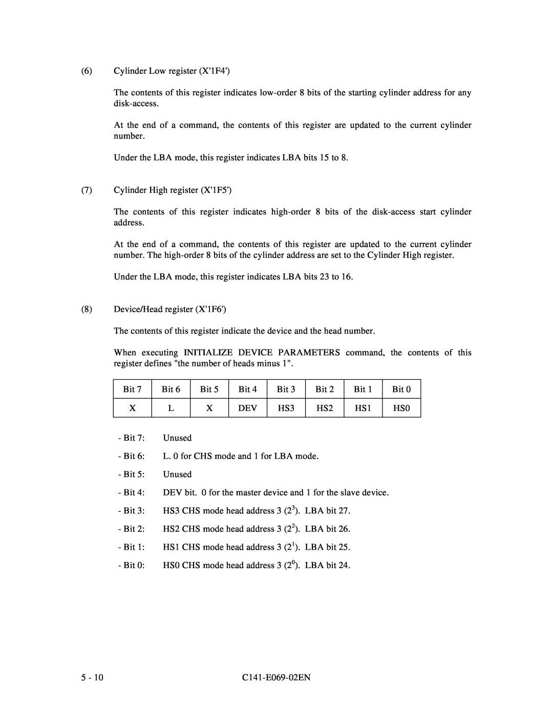 Fujitsu MPD3XXXAT Cylinder Low register X1F4, Under the LBA mode, this register indicates LBA bits 15 to, C141-E069-02EN 