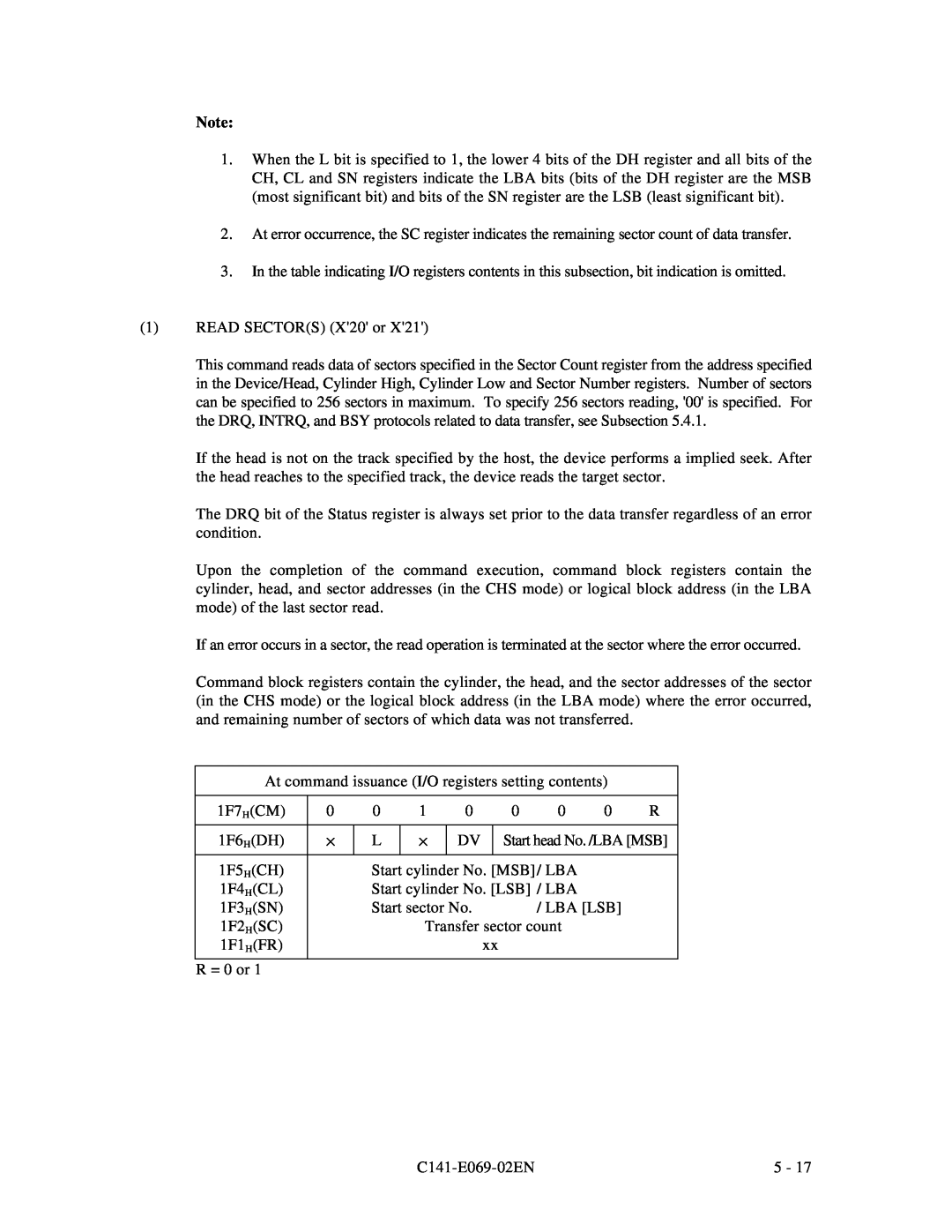 Fujitsu MPD3XXXAT manual READ SECTORS X20 or, At command issuance I/O registers setting contents, 1F7 HCM, 1F6 HDH, 1F5 HCH 