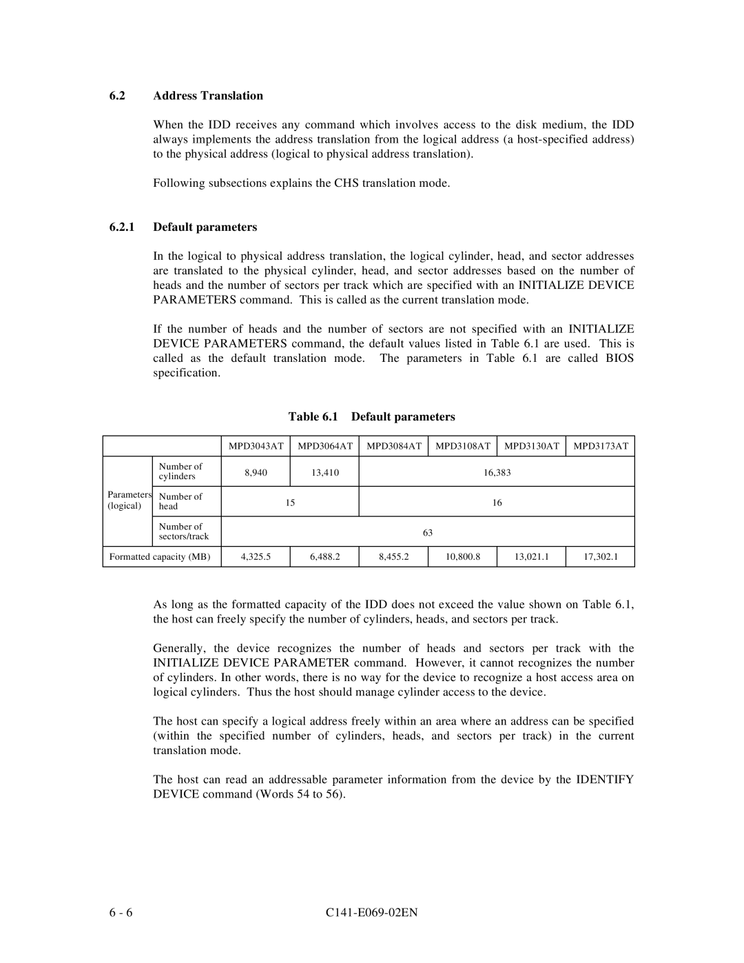 Fujitsu MPD3XXXAT manual Default parameters, MPD3130AT MPD3173AT 