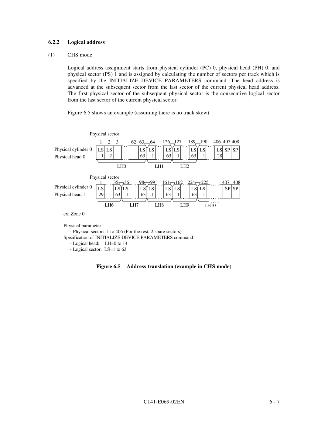 Fujitsu MPD3XXXAT manual Logical address, Address translation example in CHS mode 