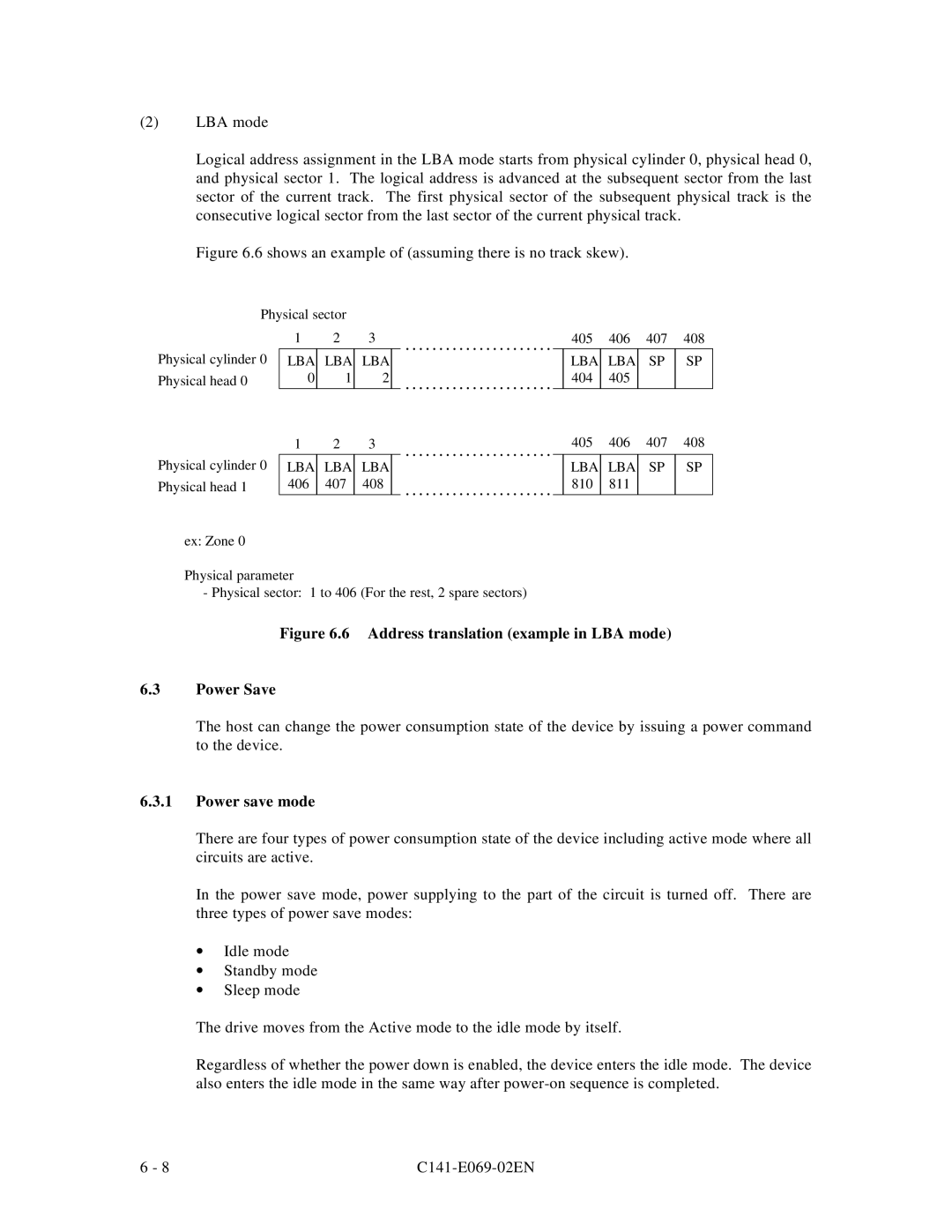 Fujitsu MPD3XXXAT manual Address translation example in LBA mode Power Save, Power save mode 