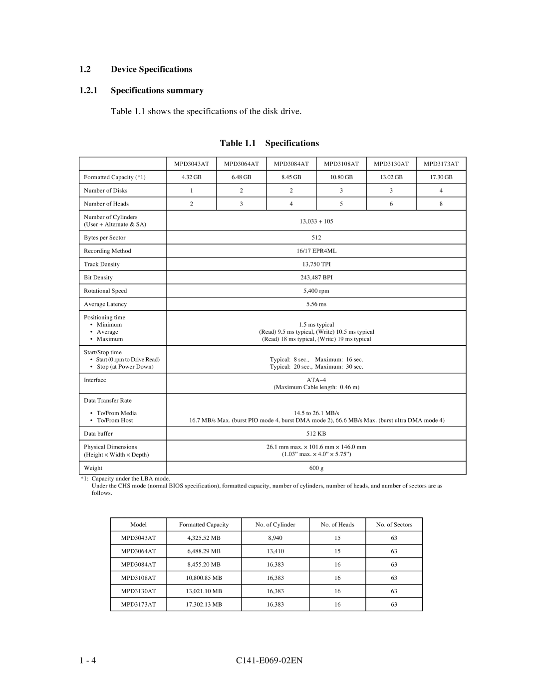 Fujitsu MPD3XXXAT manual Device Specifications Specifications summary 