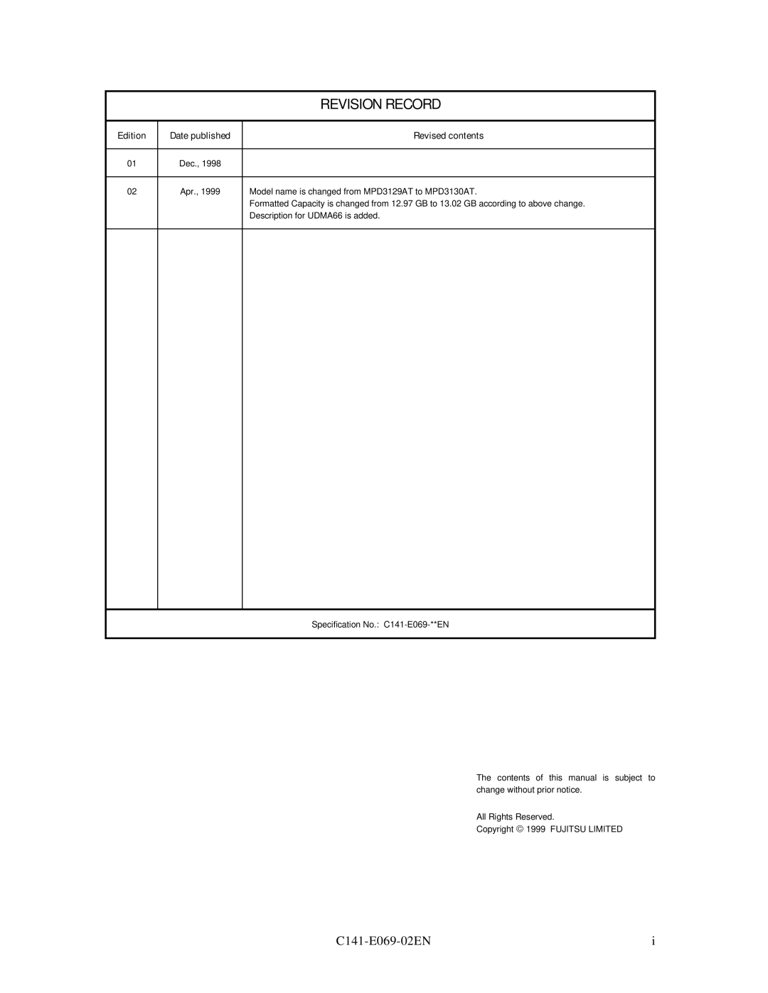 Fujitsu MPD3XXXAT manual Revision Record 