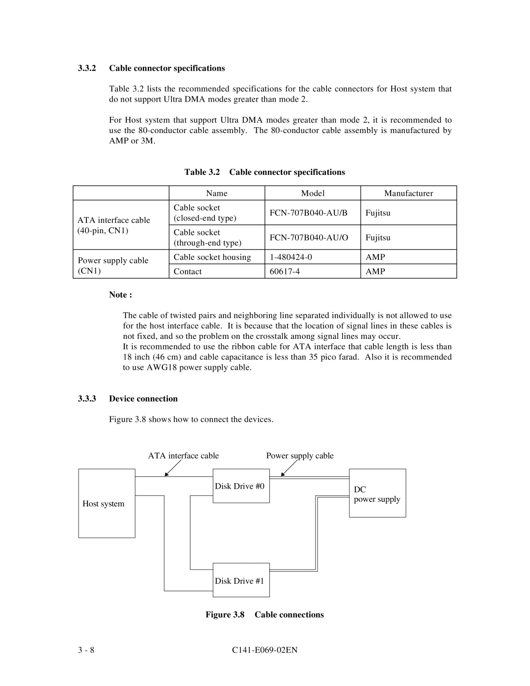 Fujitsu MPD3XXXAT manual Cable connector specifications, Amp, Device connection 