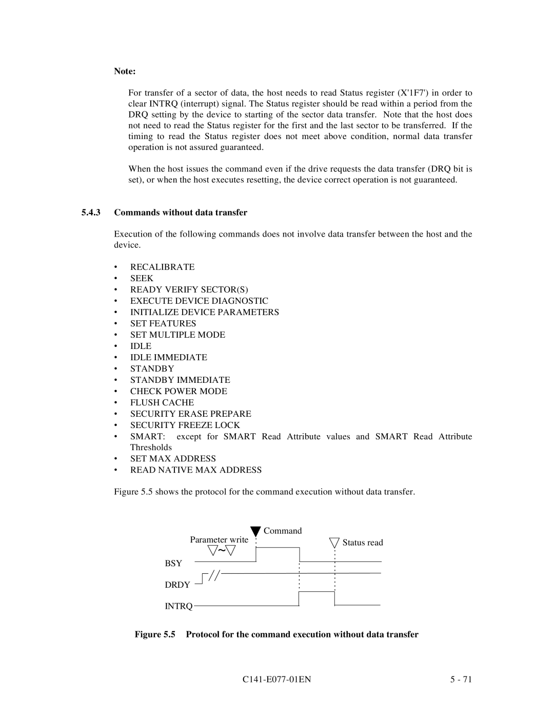 Fujitsu MPE3XXXAT manual Commands without data transfer, ∙ SET MAX Address ∙ Read Native MAX Address, BSY Drdy Intrq 