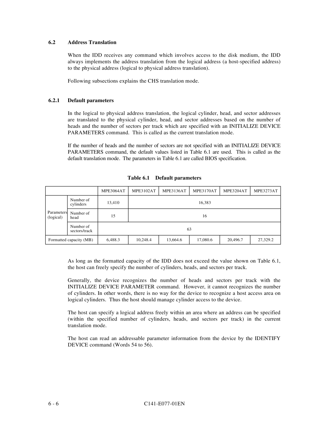 Fujitsu MPE3XXXAT manual Default parameters, MPE3170AT MPE3204AT MPE3273AT 