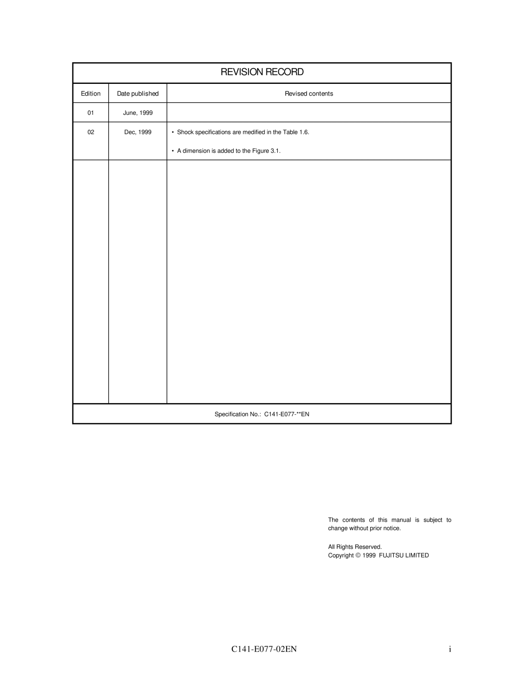 Fujitsu MPE3XXXAT manual Revision Record 