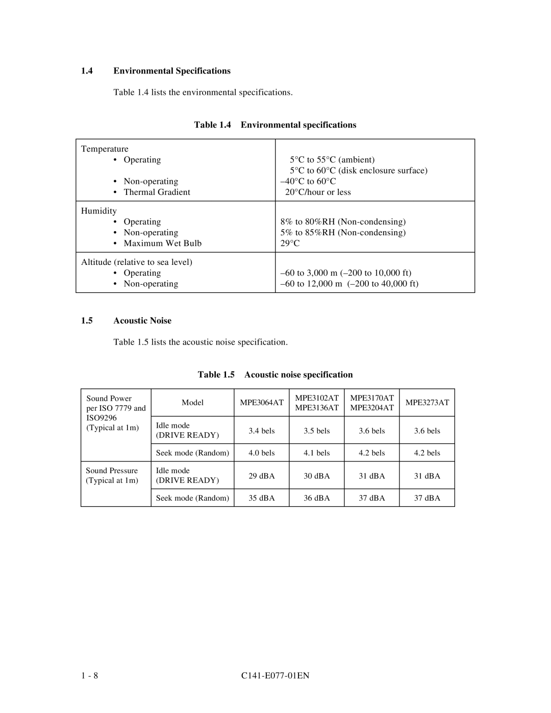 Fujitsu MPE3XXXAT manual Environmental Specifications, Acoustic noise specification 