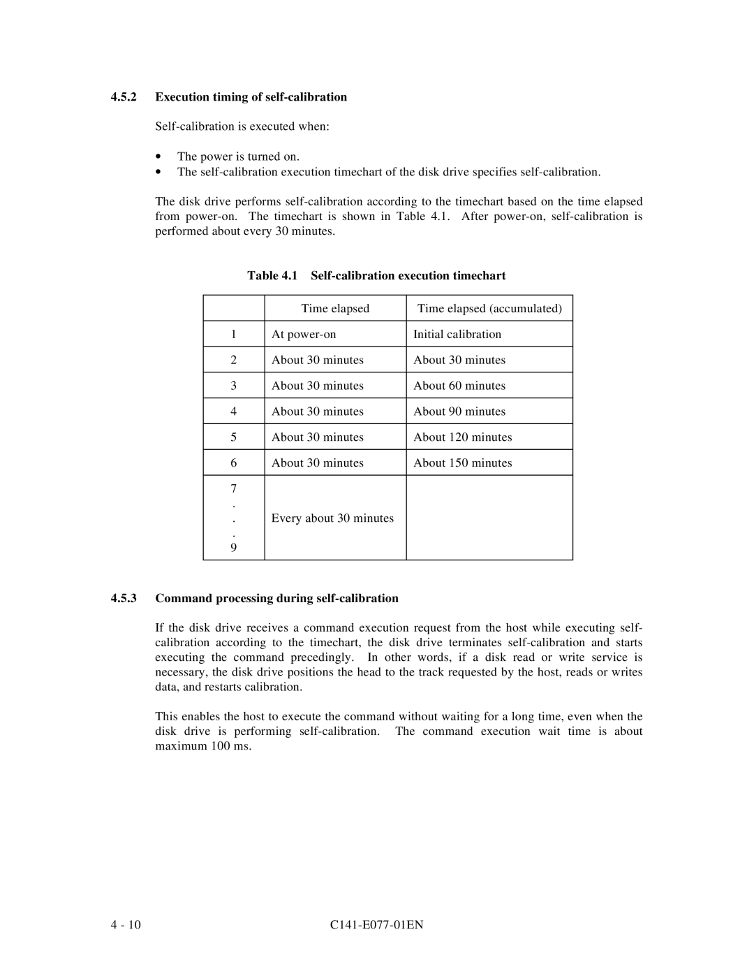 Fujitsu MPE3XXXAT manual Self-calibration execution timechart, Command processing during self-calibration 