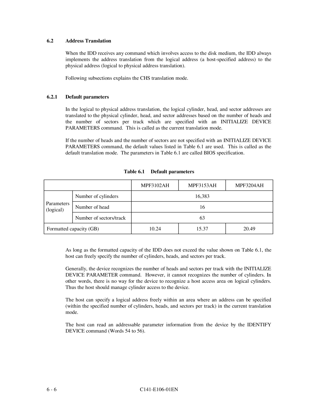 Fujitsu MPF3XXXAH manual Default parameters, MPF3102AH MPF3153AH MPF3204AH 