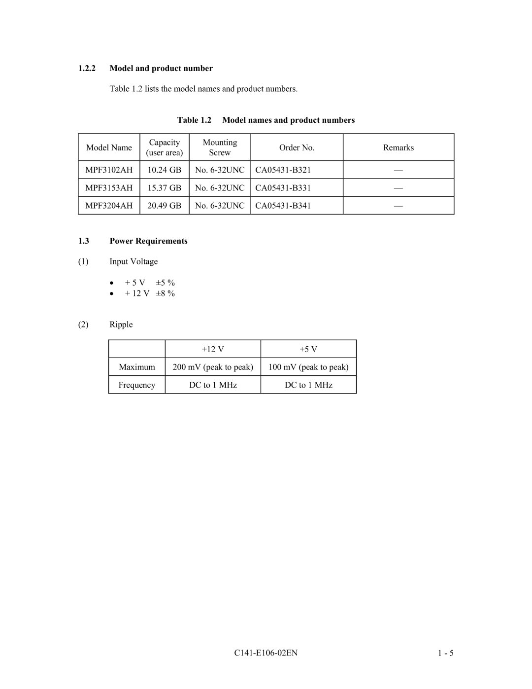 Fujitsu MPF3XXXAH manual 0RXQWLQJ 2UGHU1R 5HPDUNV, 3RZHU5HTXLUHPHQWV QSXW9ROWDJH, 5LSSOH, 0DLPXP, Uhtxhqf 