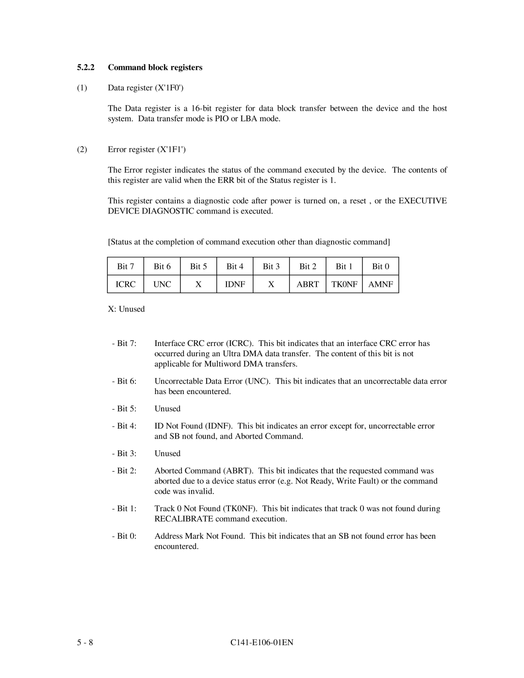 Fujitsu MPF3XXXAH manual Command block registers, Icrc UNC Idnf Abrt TK0NF Amnf 