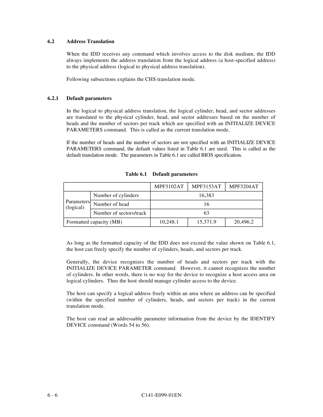 Fujitsu MPF3XXXAT manual Default parameters, MPF3102AT MPF3153AT MPF3204AT 