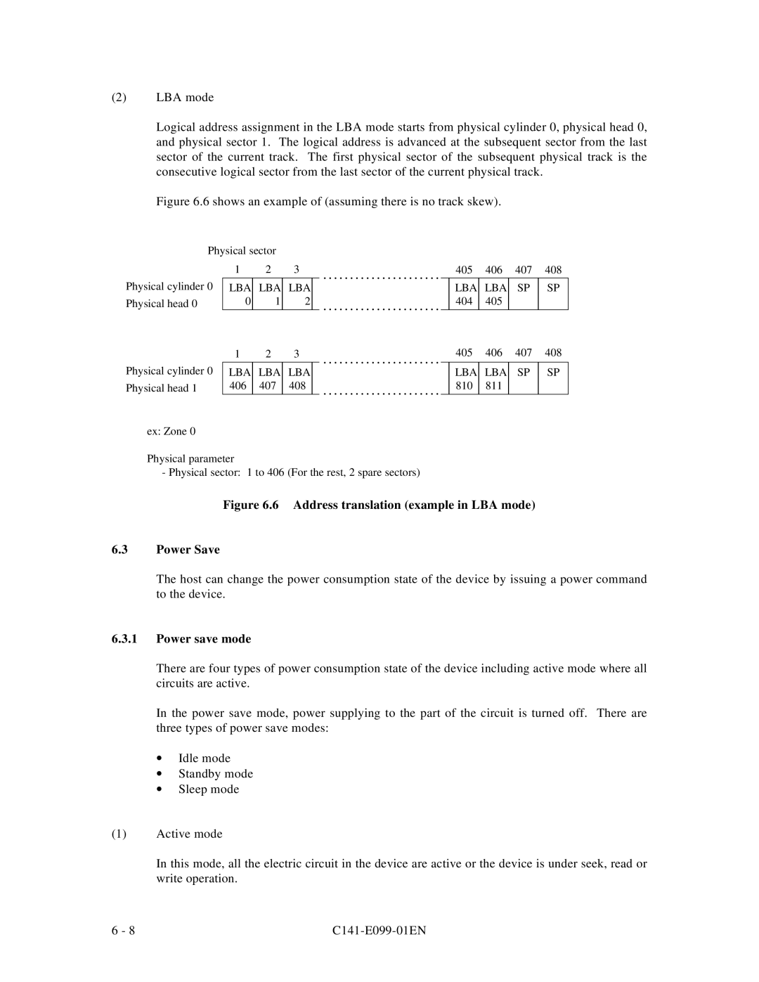 Fujitsu MPF3XXXAT manual Address translation example in LBA mode Power Save, Power save mode 