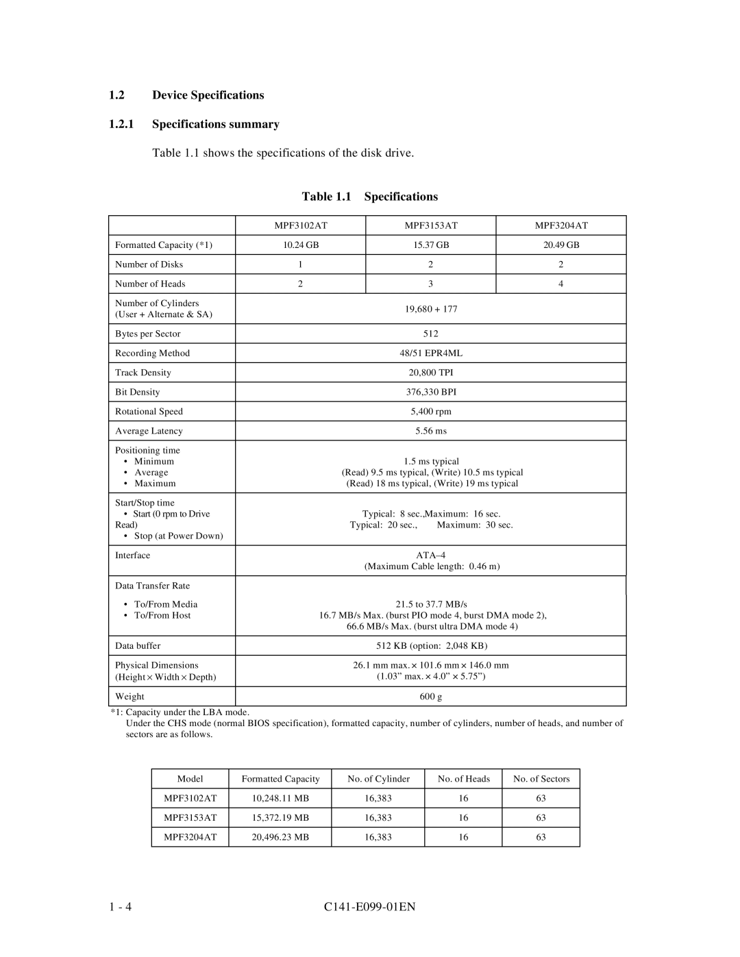 Fujitsu MPF3XXXAT manual Device Specifications Specifications summary 