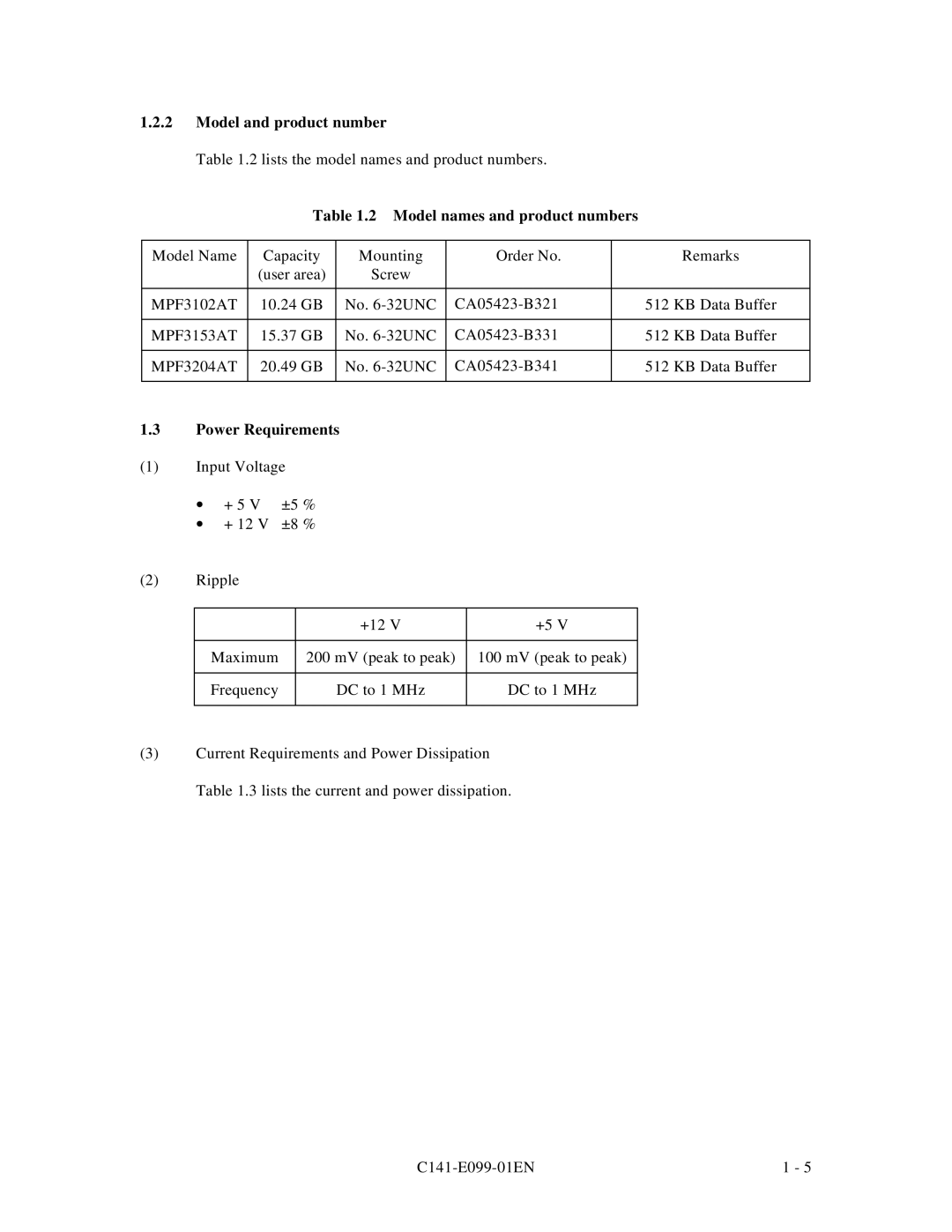 Fujitsu MPF3XXXAT manual Model and product number, Model names and product numbers, MPF3102AT, MPF3153AT, MPF3204AT 