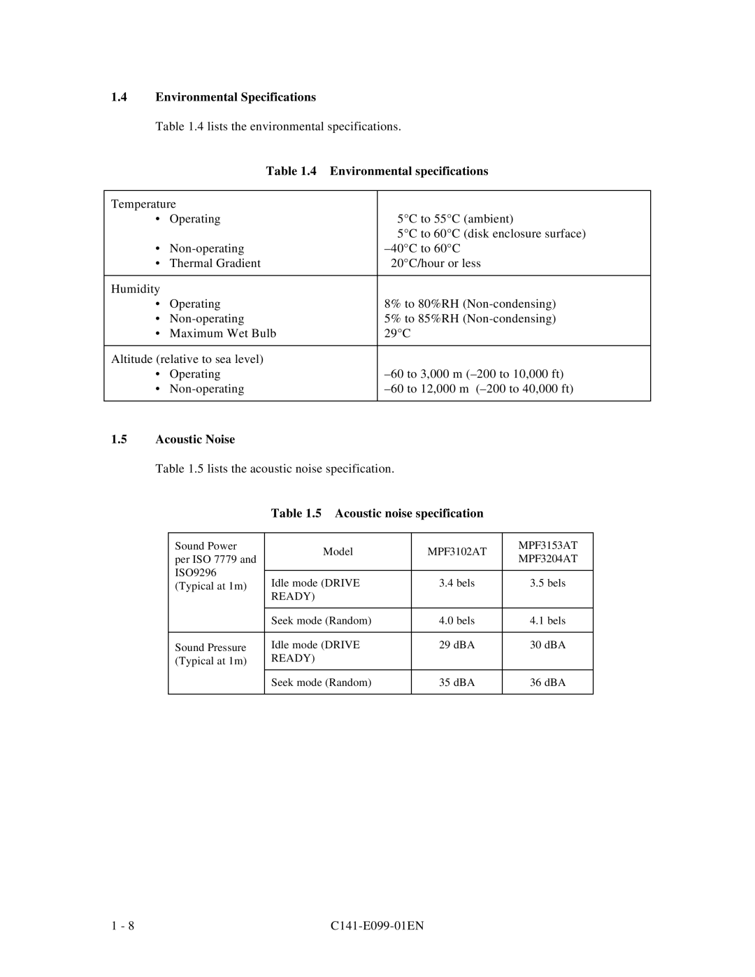 Fujitsu MPF3XXXAT manual Environmental Specifications, Acoustic noise specification 