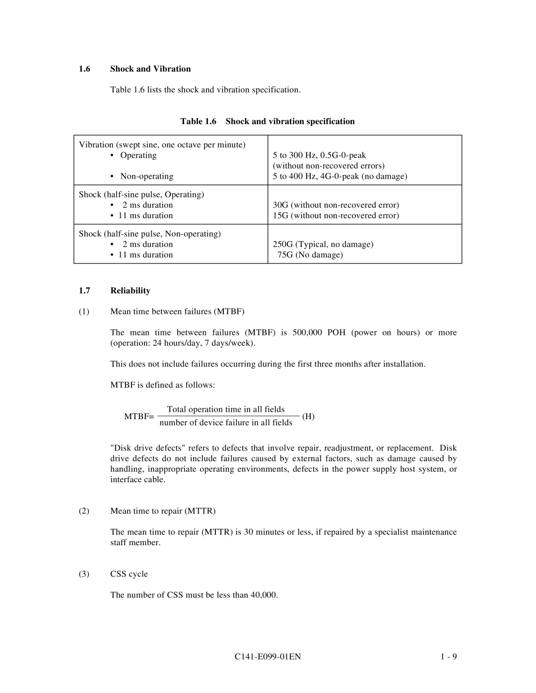 Fujitsu MPF3XXXAT manual Shock and Vibration, Shock and vibration specification 