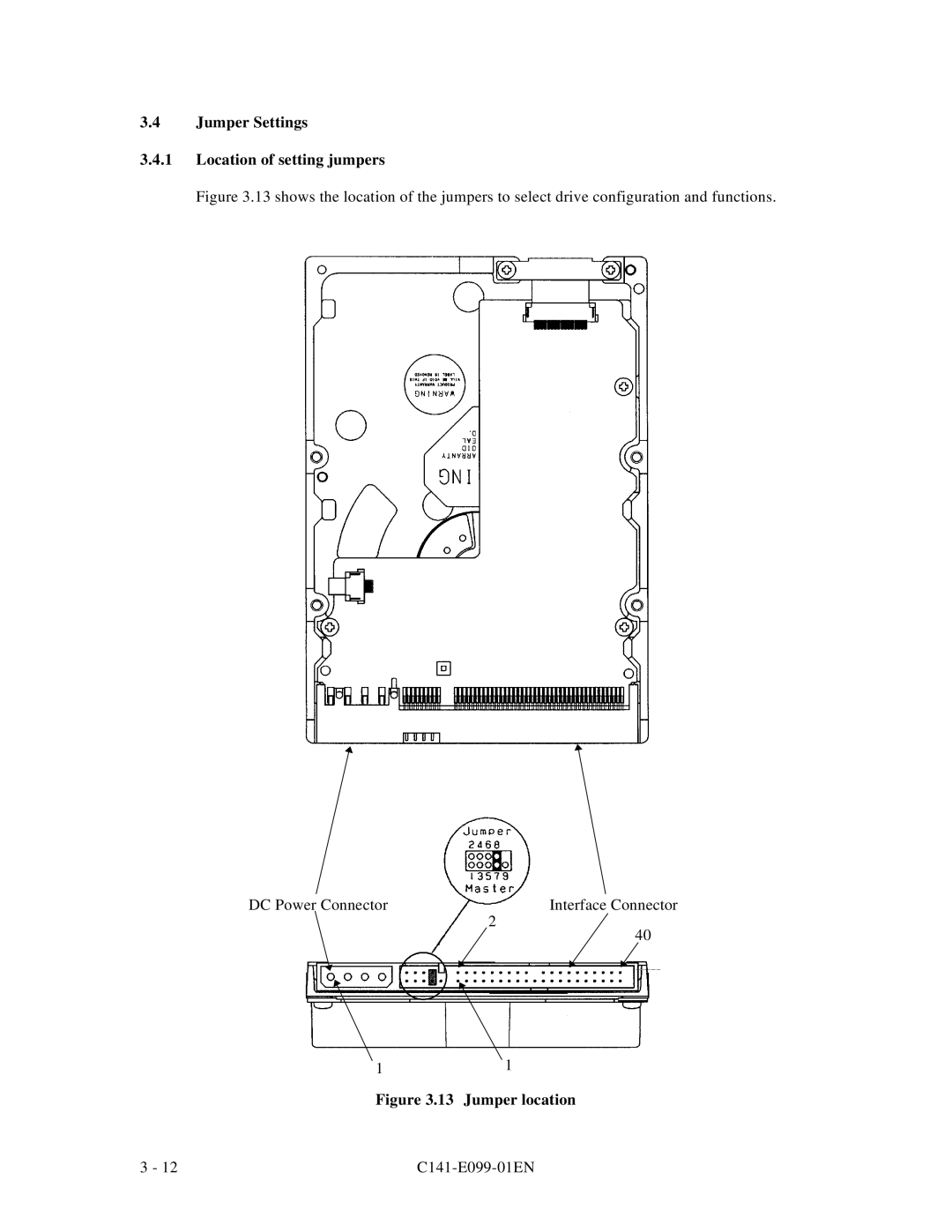 Fujitsu MPF3XXXAT manual Jumper Settings Location of setting jumpers, Jumper location 