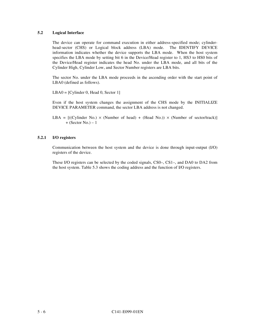 Fujitsu MPF3XXXAT manual Logical Interface, 1 I/O registers 