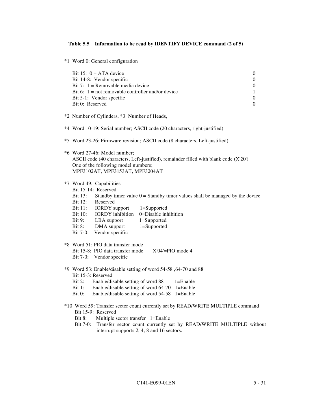 Fujitsu MPF3XXXAT manual Information to be read by Identify Device command 2 