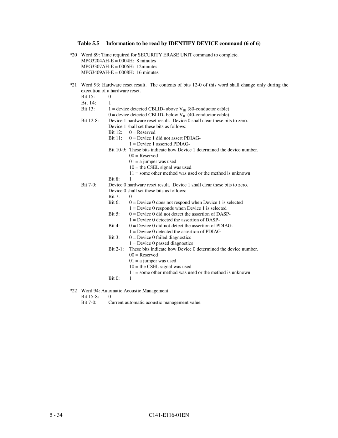 Fujitsu MPG3XXXAH-E manual Information to be read by Identify Device command 6 