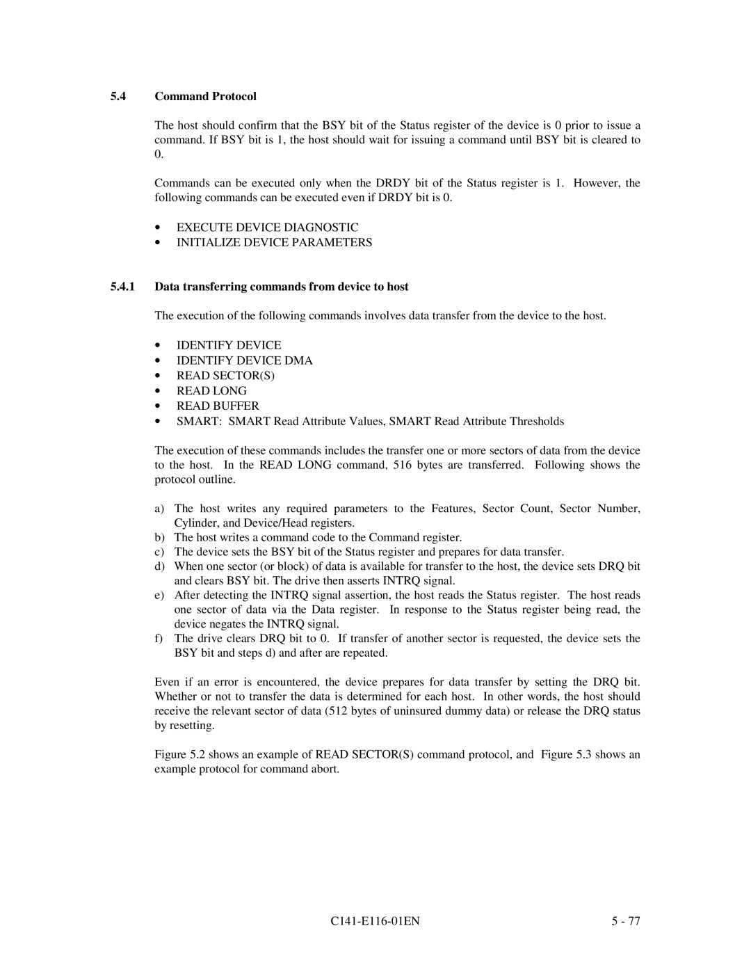 Fujitsu MPG3XXXAH-E Execute Device Diagnostic Initialize Device Parameters, Data transferring commands from device to host 