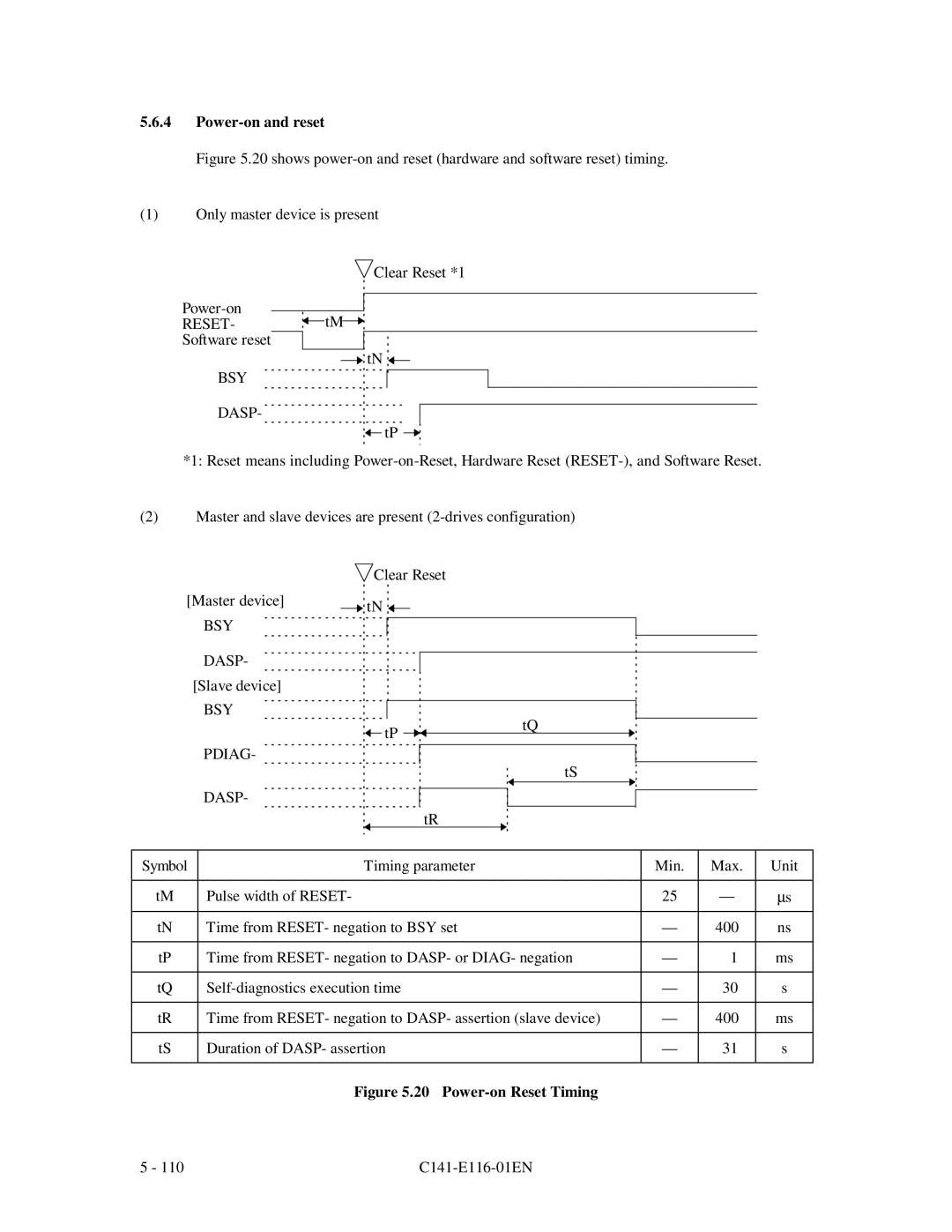 Fujitsu MPG3XXXAH-E manual Power-on and reset, Bsy, BSY Dasp, BSY Pdiag Dasp 