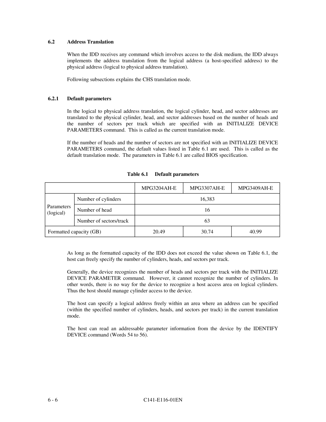 Fujitsu MPG3XXXAH-E manual Default parameters, MPG3204AH-E MPG3307AH-E MPG3409AH-E 