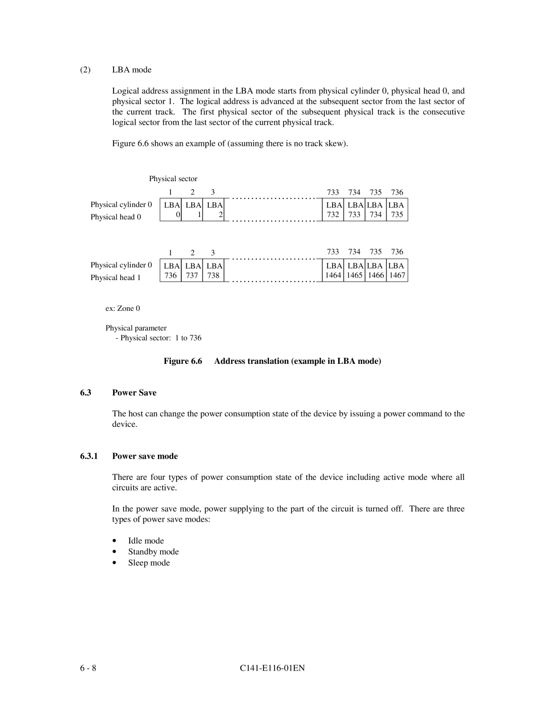 Fujitsu MPG3XXXAH-E manual Address translation example in LBA mode Power Save, Power save mode 