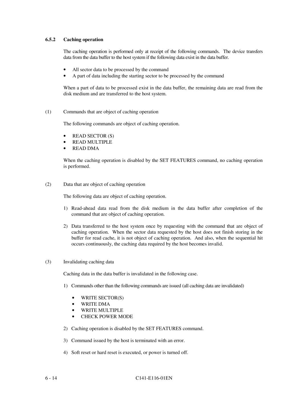 Fujitsu MPG3XXXAH-E manual Caching operation, Read Sector S Read Multiple Read DMA 