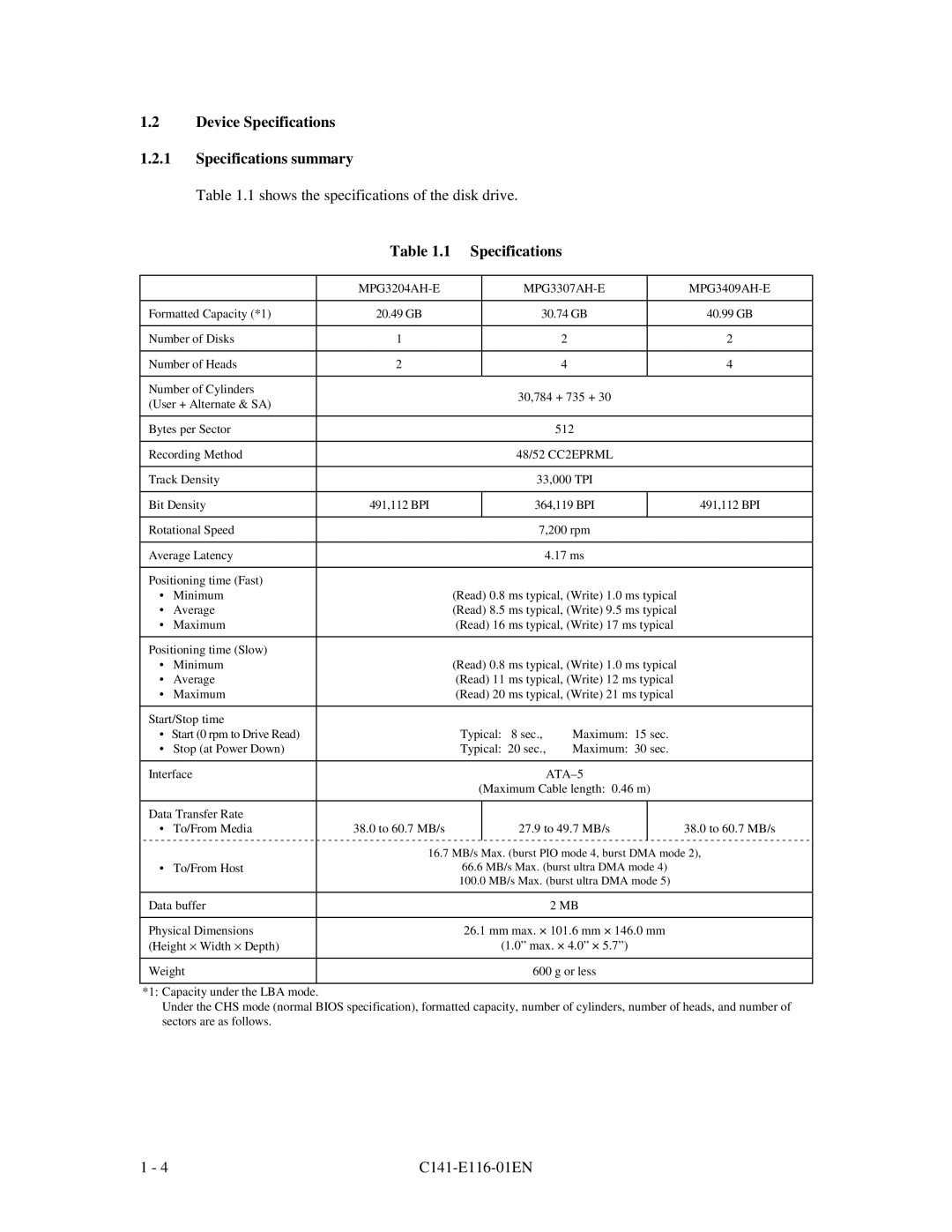 Fujitsu MPG3XXXAH-E manual Device Specifications Specifications summary 