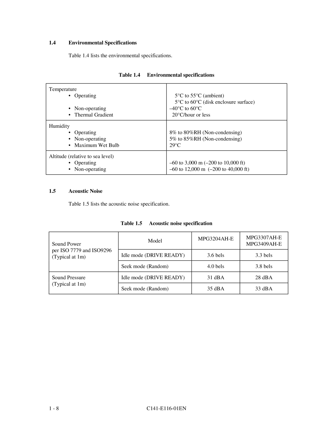 Fujitsu MPG3XXXAH-E manual Environmental Specifications, Acoustic noise specification 