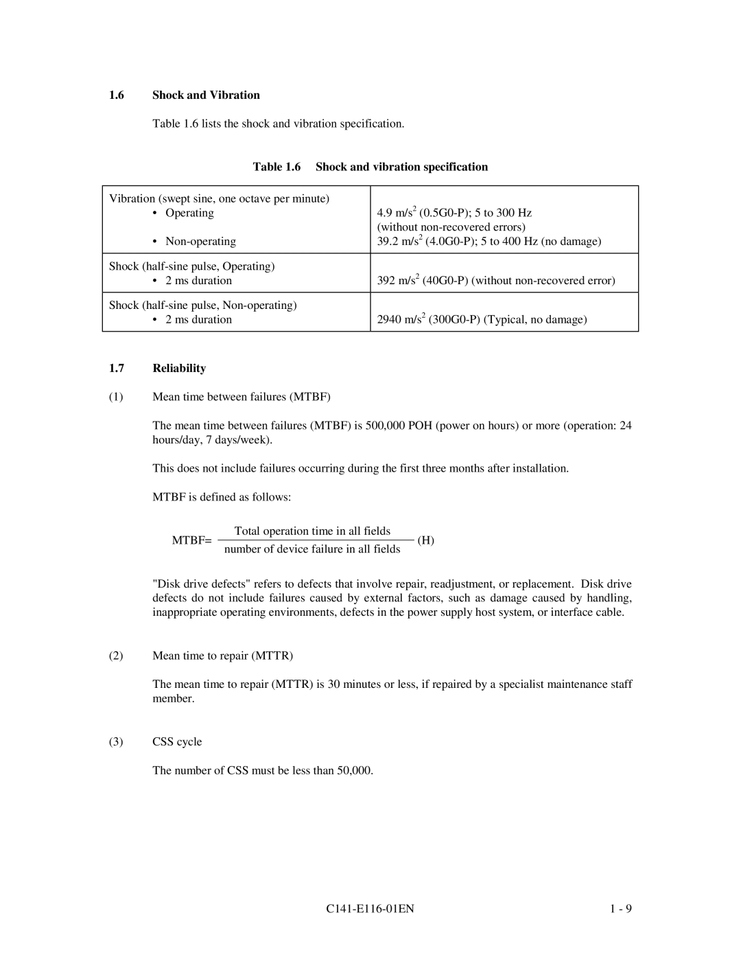 Fujitsu MPG3XXXAH-E manual Shock and vibration specification, Mtbf= 