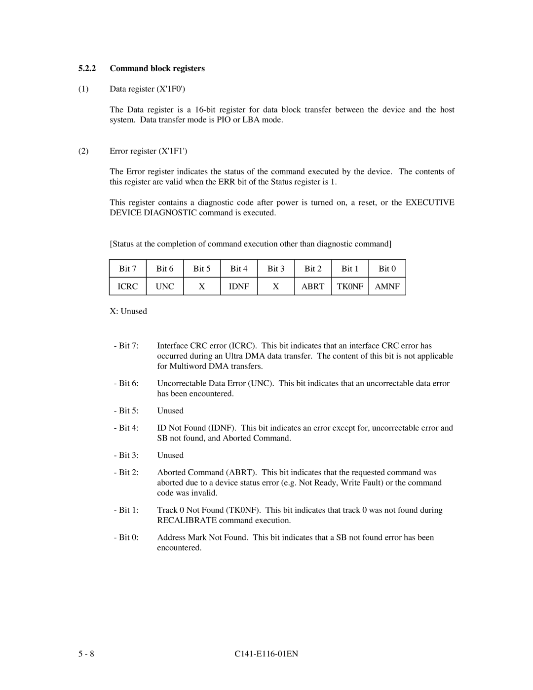 Fujitsu MPG3XXXAH-E manual Command block registers, Icrc UNC Idnf Abrt TK0NF Amnf 