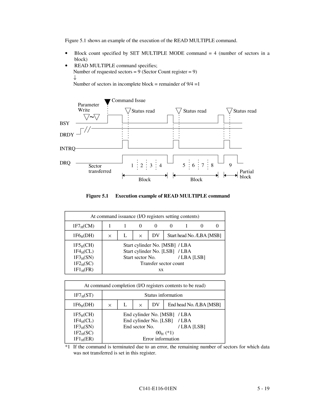 Fujitsu MPG3XXXAH-E manual BSY Drdy Intrq DRQ, Execution example of Read Multiple command 