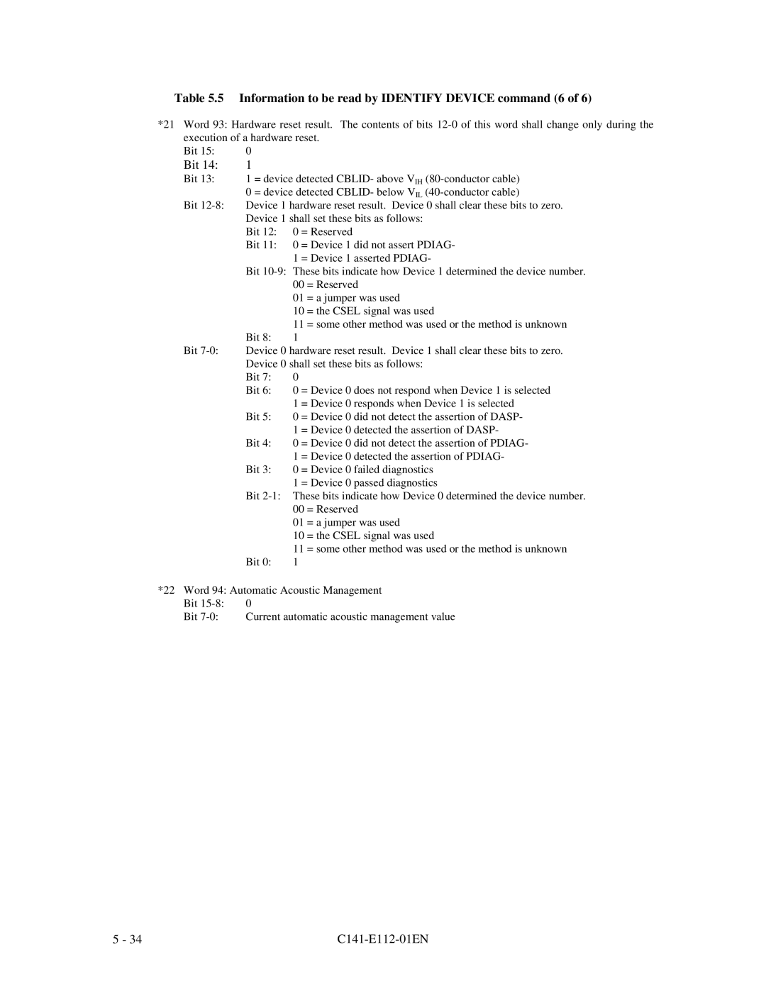 Fujitsu MPG3XXXAH manual 5 Information to be read by IDENTIFY DEVICE command 6 of, C141-E112-01EN 