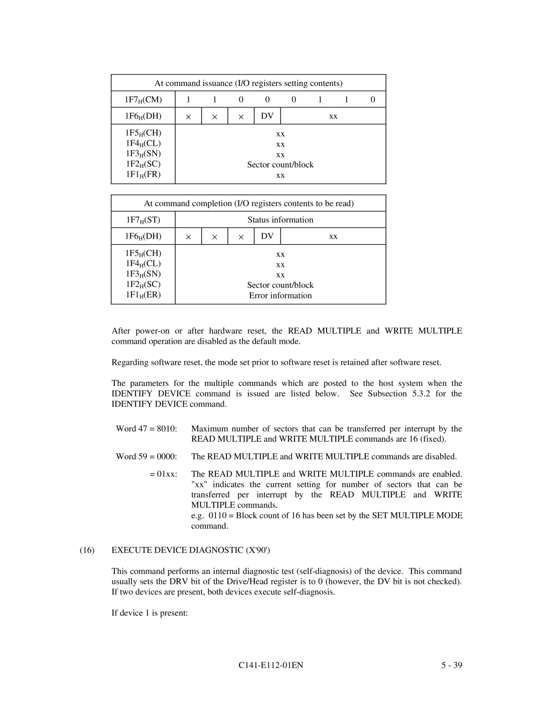 Fujitsu MPG3XXXAH At command issuance I/O registers setting contents, 1F7 HCM, 1F6 HDH, 1F5 HCH, 1F4 HCL, 1F3 HSN, 1F2 HSC 