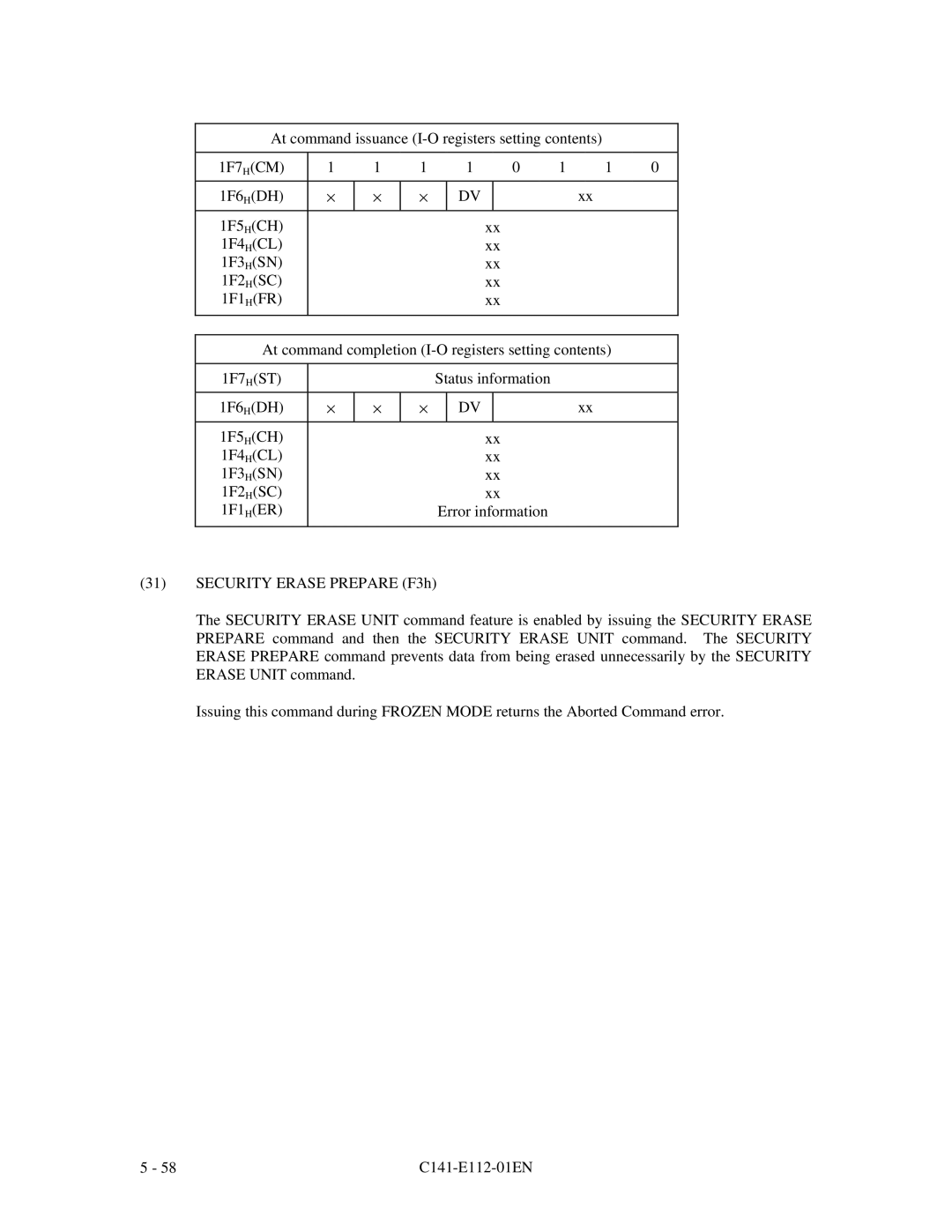 Fujitsu MPG3XXXAH At command issuance I-O registers setting contents, 1F7 HCM, 1F6 HDH, 1F5 HCH, 1F4 HCL, 1F3 HSN, 1F2 HSC 