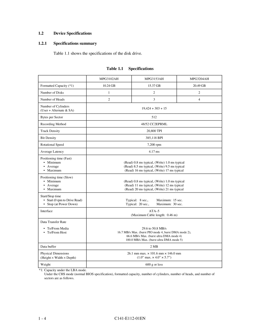 Fujitsu MPG3XXXAH manual Device Specifications 1.2.1 Specifications summary, ATA-5, 66.6 MB/s Max. burst ultra DMA mode 